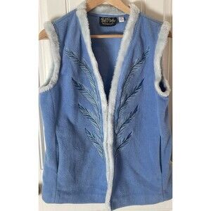 BOB MACKIE Women’s Sweater M Vest Pockets Blue Fleece Faux Fur Trim Embroidered